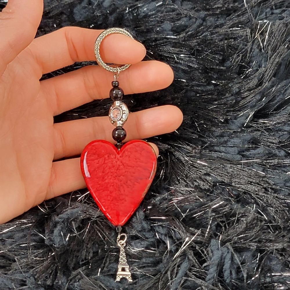 Key chain Red heart with Eiffel Tower charm HANDMADE